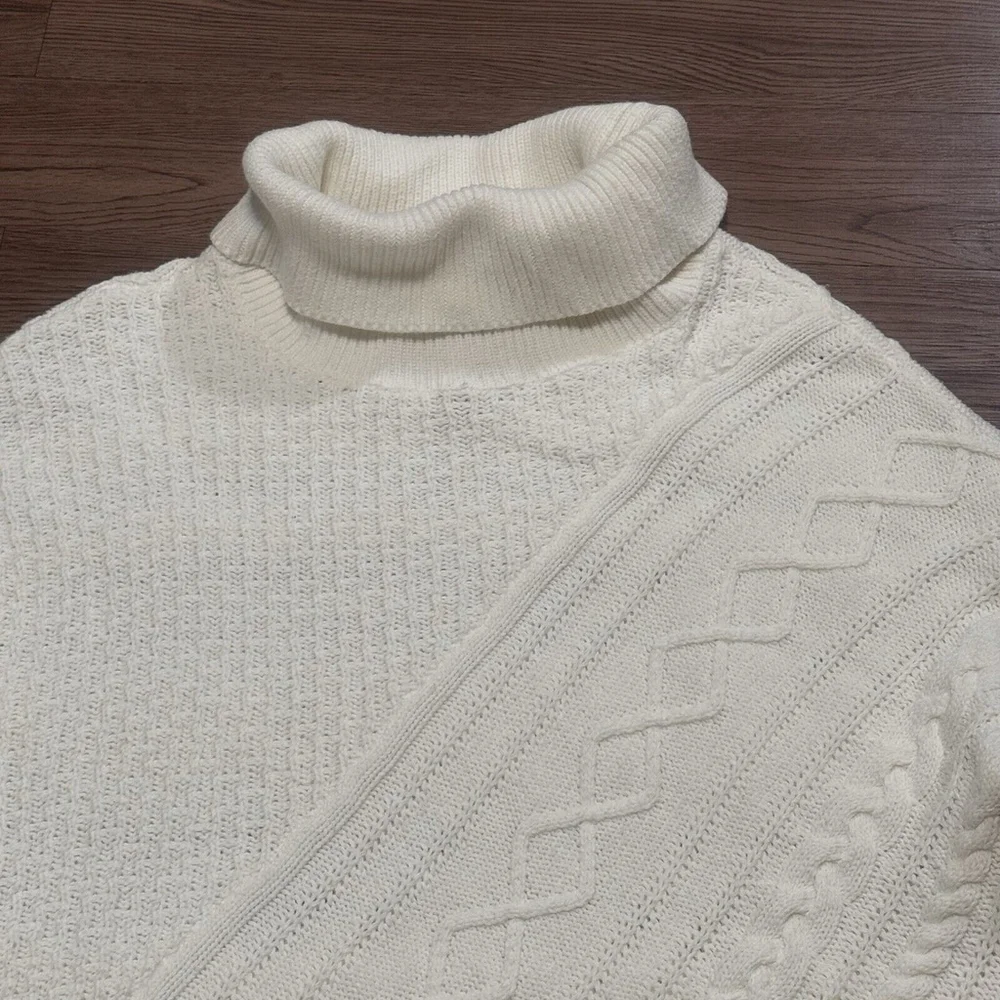 Chico’s Cream Boho Fringe Turtleneck Cable-Knit Tunic Sweater Women Size:2/L